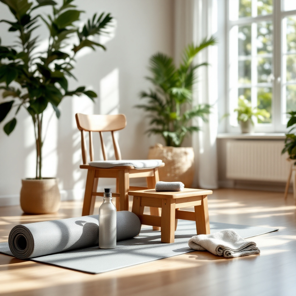 Wohnzimmer mit Trainingsmatte um Beinmuskulatur aufbauen ohne Geräte zu Hause