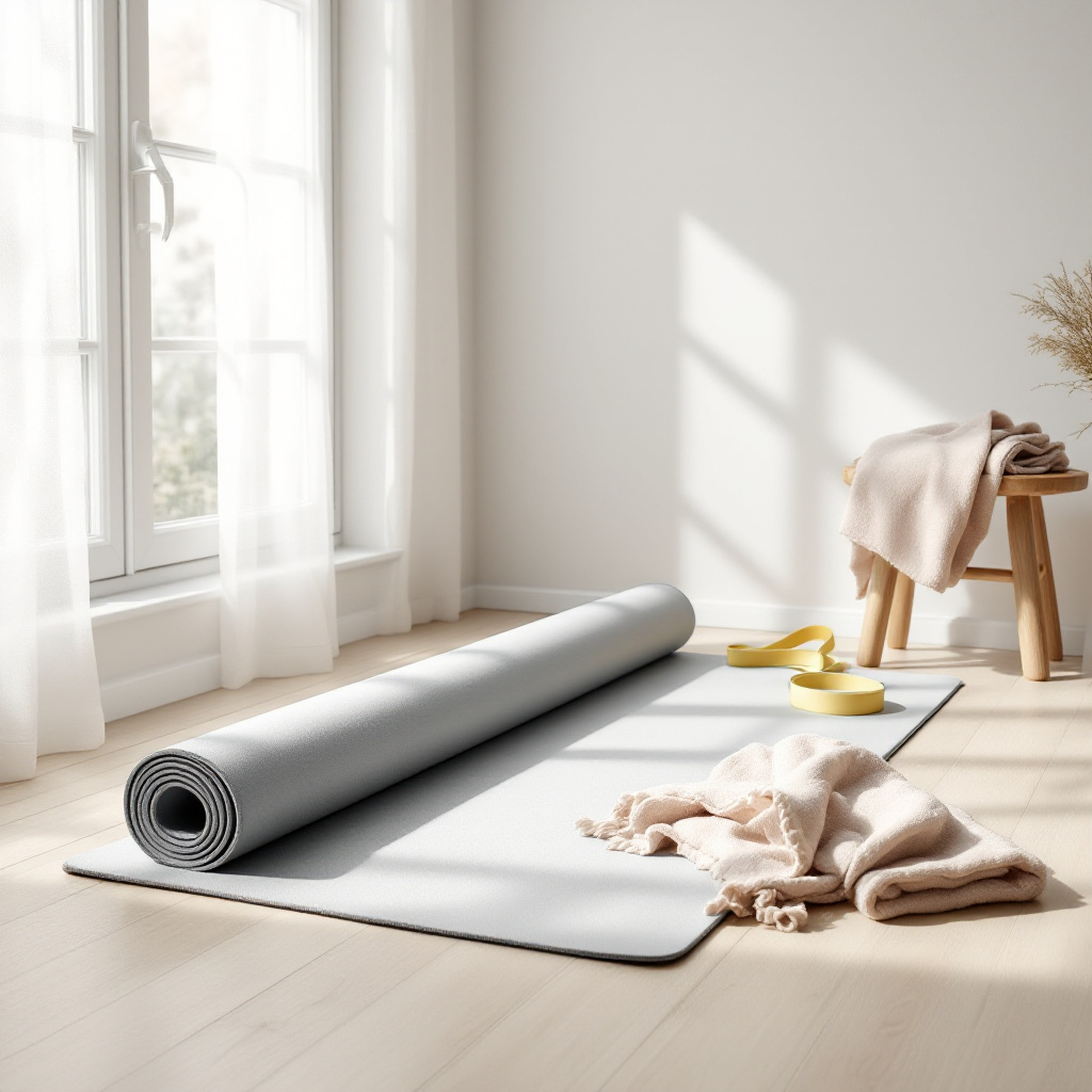 Oberschenkel dehnen Übungen Anleitung: Yogamatte und Trainingszubehör für Dehnübungen zu Hause