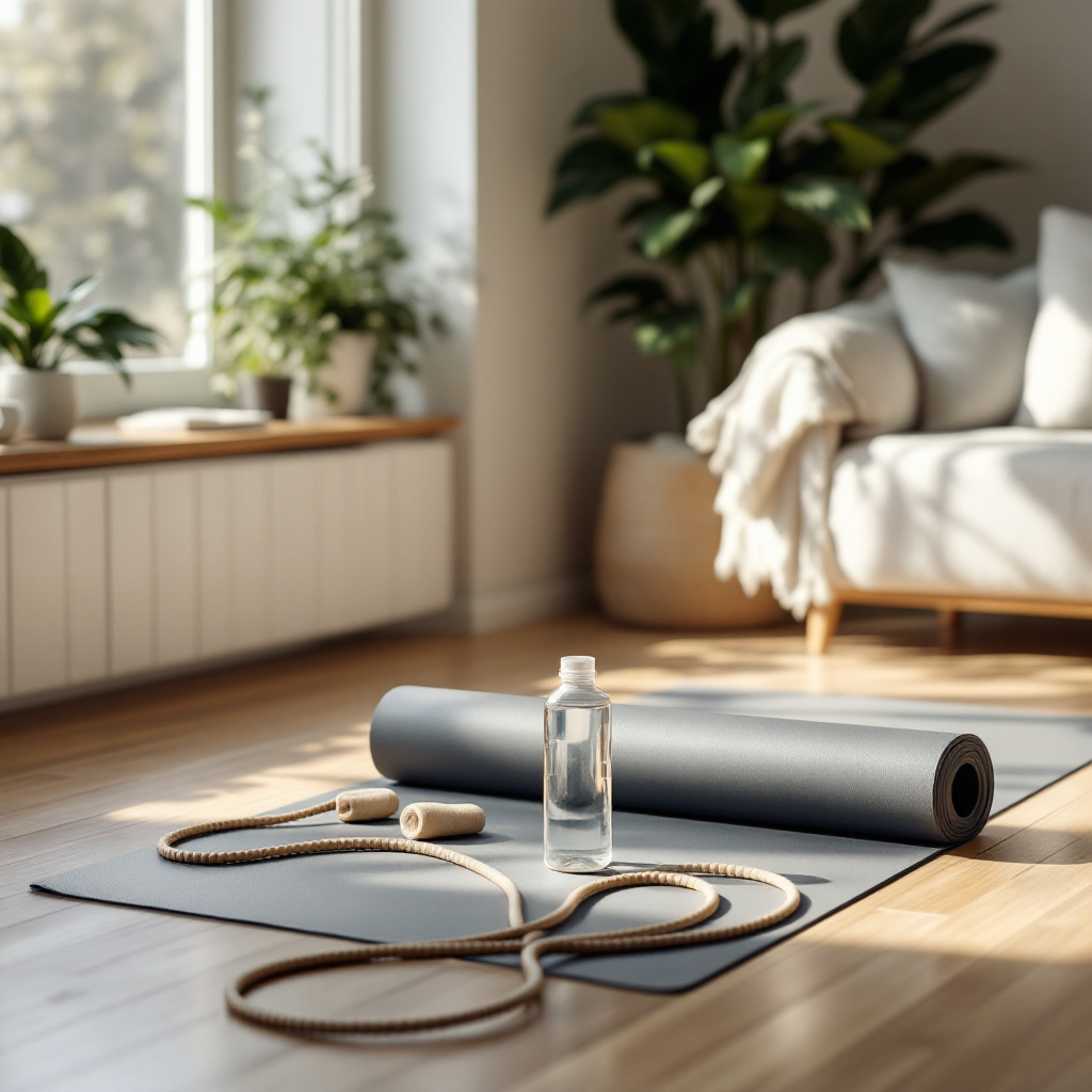 Wohnzimmer mit Trainingsmatte und Springseil zum Wadenmuskulatur trainieren zu Hause